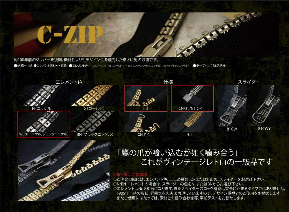 CZIP-8-N/BN-E-OR C-ZIP Vintage Zipper Nickel/Black Nickel Size 8 Polyester Tape Open Asahi Zipper