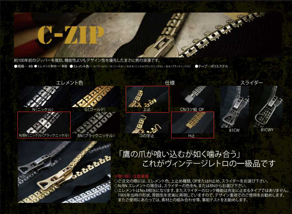 CZIP-8-N/BN-E-C C-ZIP Vintage Zipper Nickel/Black Nickel Size 8 Polyester Tape Closed End Asahi Zipper